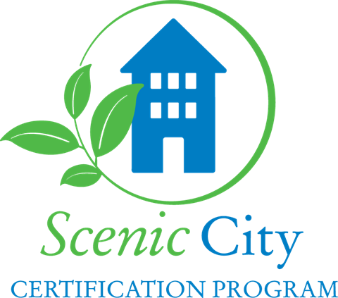 Logo for the Scenic City Certification Program. The logo has a blue house with a green plant around it.