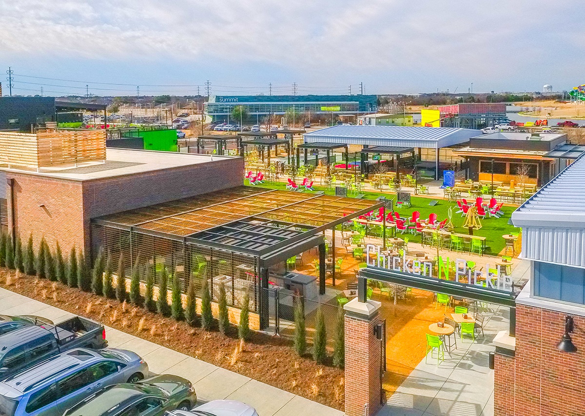 Aerial view of the entrance and beyond at Chicken n Pickle